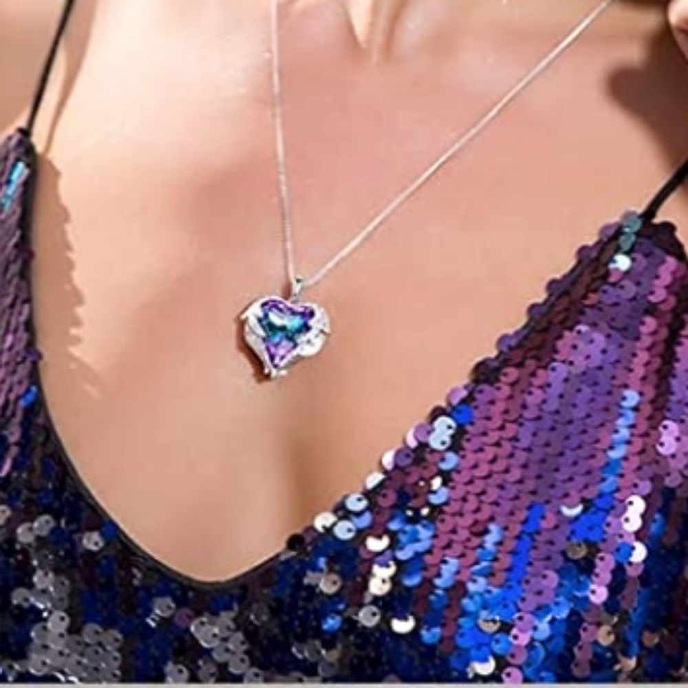 Angel Wings Love Silver White Zircon Sky Blue Crystal Pendant Necklace - Picture 4 of 13